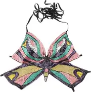 [kowaku] Women's Sparkly Butterfly Sequin Crop Top Bandage Bra Belly Dance Costume Outfits, Black, One Size