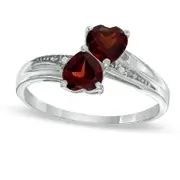 Heart-Shaped Garnet and Natural Diamond Accent Double Heart Ring in Sterling Silver
