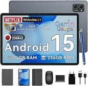 Tablet 2025 Latest Android 15 Tablets with 10.1 Inch Incell Display, 24GB RAM 256GB ROM /2TB TF, Gemini AI, T606 Octa-Core+8MP Camera, 5000mAh, Widevine L1, 2 in 1 Tablets with Keyboard Mouse Stylus