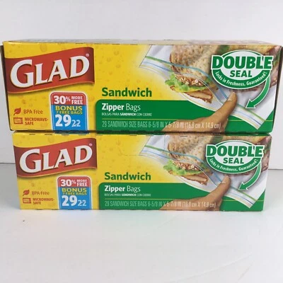 (2) GLAD SANDWICH ZIPPER DOUBLE SEAL Bags 29ct (30% Bonus Compared To 22ct).