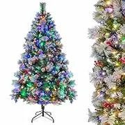 Costway 2.15M Pre-Lit Christmas Tree with Pine Needles, 11 Lighting Modes, Hinged Xmas Tree with 1116 Branch Tips, 400 LED Lights, 70 Pine Cones & 70 Red Berries, Holiday Decoration Tree