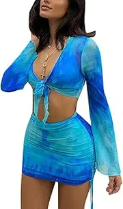 [SHESEEWORLD] Women's Sexy Long Sleeve 2 Pieces Sheer Mesh Cover Up Dress Crop Top Bodycon Ruched Y2K Mini Skirt Sets