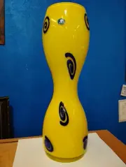 B.A.G. "Memphis" Art Glass Vase Czech Shafaq Malik Signed Yellow Blue Swirl