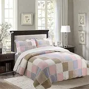 [WANWEN] Bedding Set with 2 Quilted Pillowcases Square Patchwork Colored Bedspread 230 x 250 cm Double Bed Quilt Design,Pink Little Surprise