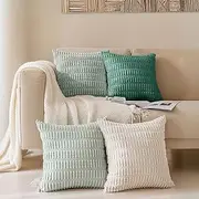4 Packs Throw Pillow Covers Corduroy,Decorative Lumbar Pillow Covers, JOMWEN Super Soft Boho Striped Cushion Covers for Couch Bed Sofa Livingroom (Beige/Green, 45 x 45 cm)