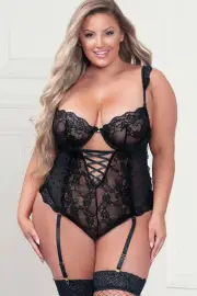 Seven Til Midnight Heart You Black Lace & Heart Mesh Teddy with Garters