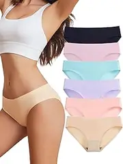 [Bolivelan] 6 Pack Women's Seamless Hipster Underwear No Show Soft Briefs Low Rise Stretch Bikini Underwear