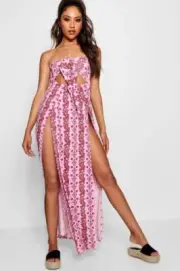 Boohoo Striped Knot Front Split Maxi Dress Pink ~ Sz 4 ~ NWT