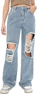 [Floerns] Girls Cut Out Ripped Wide Leg Jeans High Waisted Distressed Denim Pants