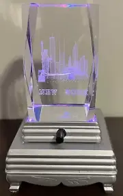 New York City w/ Towers laser cut etched crystal cube paperweight w/Light stand