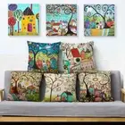 Retro Rural Color Cities Cushion Cover Decor Colorful Cartoon House Tree Pillow