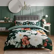 [Sleepdown] Painted Large Floral Bloom Green White 100% Cotton Duvet Cover Quilt and Pillow Case Bedding Set Soft Easy Care - Single (135cm x 200cm)