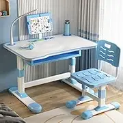qofezuey Kids Functional Desk and Chair Set, Study Desk for Children with Chair, Ergonomic Height Adjustable Children School Study Desk with LED Table Light and Drawer for Boys Girls Blue