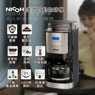 (贈雙盤鬆餅點心機)NICOH美式自動錐刀研磨咖啡機2~12杯NK-C012