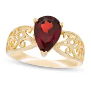 Pear-Shaped Garnet Wide Filigree Ring in Solid 10K Yellow Gold
