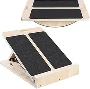 2-in-1 Professional Slant Board & Balance Board, Wooden Adjustable Incline Board Wobble Board Standing Desk Calf Stretcher for Squats Stretching Leg Knees Heel Ankle