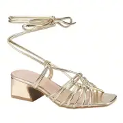 Women's Square Open Toe Lace Up Sandals Chunky Block Heels Strappy Straps Dress