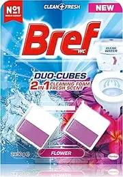 Bref Anti-Clogging Duo-Cubes Toilet Blocks Flower (2x 50g), 2in1 Toilet Cleaner with Clear Water and Flower Scent, Complete Cleanliness from Toilet Cistern to Drain, Toilet Bowl Cleaner Prevents Clog