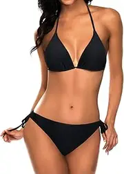 [Tempt Me] Women Two Piece Halter Padded Top Tie Side Bottom Triangle Bikini Bathing Suit