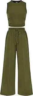 [BTFBM] Women Summer 2 Piece Outfits 2025 Beach Crew Neck Sleeveless Cropped Top Elastic Waist Wide Leg Pants Lounge Set