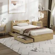 Oikiture Wooden Bed Frame King Single Size with Charging Ports & 2 Drawers