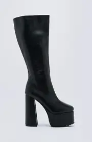 Nasty Gal, Black thick faux leather 5.75" block heel platform knee boots SZ 10