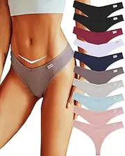 [FINETOO] 10 Pack Thongs for Women Cotton Underwear V String Breathable Stretch Hipster Sexy Thong Panties S-XL