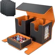 AFIING MTG Commander Deck Box 200 Double Sleeved Cards Storage, 3-in-1 Magnetic Card Case Organizer for Magic: The Gathering TCG CCG, 4 Dividers & 2 Toploaders (Black/Orange)