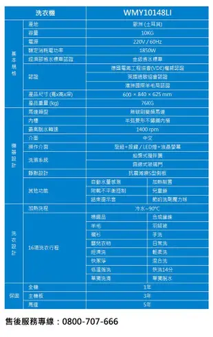 (((豆芽麵家電)))英國Beko倍科10公斤水動力科技滾筒變頻洗衣機WMY10148LI