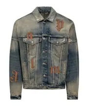 Palm Angels Logo Patch Distressed Denim Jacket M BLUE