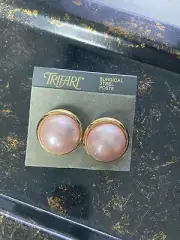 Vintage Trifari Pink Lucite/ Pearl Surgical Steel Back Earrings Gold Tone