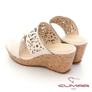 【CUMAR】兩截式一字帶度假風格坡跟涼拖鞋(米白色)