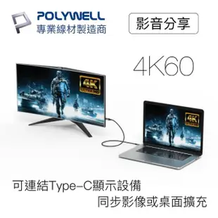 【POLYWELL】USB3.1 Gen2 100W Type-C To C PD快充傳輸線 編織版 2M(可充筆電 4K影音傳輸 10Gbps資料傳輸)