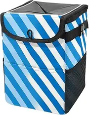 Car Trash Can with Lid and Storage Pockets Leak-Proof Organizer,Multipurpose Trash Bin for Car,Blue and White Stripe