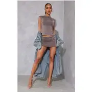 Mocha Low Rise Slinky Micro Mini Skirt, Mocha
