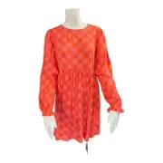 BP Nordstrom Babydoll Boho Dress Balloon L/S~Size Small~Orange/Pink Plaid~NWT