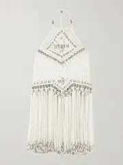 [RABANNE] RABANNE - Fringed Embellished Macramé Halterneck Top - White - small small White