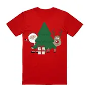 100% Cotton Christmas T-shirt Adult Unisex Tee Tops - Santa with Tree - Red