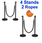 4 BLACK Queue Barriers Stand 2 Twisted Ropes Crowd Control Bollard Stanchion