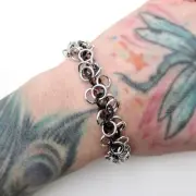 Handmade black and silver aluminum stretch bracelet, chainmail shaggy loops