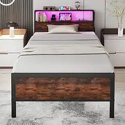Giantex Single Size LED Bed Frame with Charging Station, Heavy Duty Metal Platform Bed w/ 2-Tier Storage Headboard & Side Pockets, Metal Slats Support Mattress Foundation