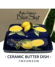 New Blue Sky Clayworks Heather Goldminc Covered Ceramic Butter Dish Lemon Blue