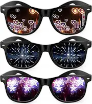 Hifot 3 Pcs Diffraction Glasses, 3D Prism Rainbow Heart Star Effect with Black Frames, Refraction Glasses Light Diffraction Glasses Rave Glasses Women Men for Night Edm Concert Party Club Accessories
