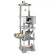 Costway 176cm Deluxe Cat Tree Tower Indoor Pet Furniture Cando House w/Sisal Scratching Post Grey
