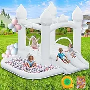 FINCOME White Bounce House, Inflatable Bounce Castle with Double Slide Ball Pit 370W Blower Bouncer for Toddler, Bounce House Bouncy Castle for Indoor Outdoor Backyard Wedding Kids Birthday Party