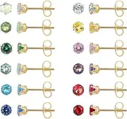 [JMLOON] 12 Pairs 18K Gold Plated Surgical Stainless Steel Stud Earring, Cubic Zirconia CZ Stud Earrings for Women, Multicolor Birthstone Stud Earrings Set 3mm 4mm 5mm 6mm
