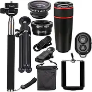 Labymos 10PCS 8X Telephoto Mobile Phone Lens Universal Detachable Clip-on Lens Wide Angle + Fish Eye + Macro Lens + Selfie Stick + Tr