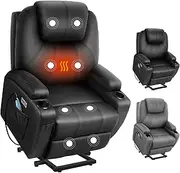 ALFORDSON Recliner Chair Remote Control, Electric Lift Heated Massage Armchair Fully Automatic Lifting and Reclining, Black PU leather Lounge Sofa with Dual USB Charging Ports for Home Room and Office