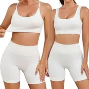 [Knuowliy] Workout Sets for Women Ribbed Sport Bra High Waist Shorts Seamless Workout Outfits 3 Piece Yoga Gym Exercise Sets
