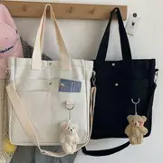 Plain Canvas Tote Bag With Beige Bear Charm - White - One Size